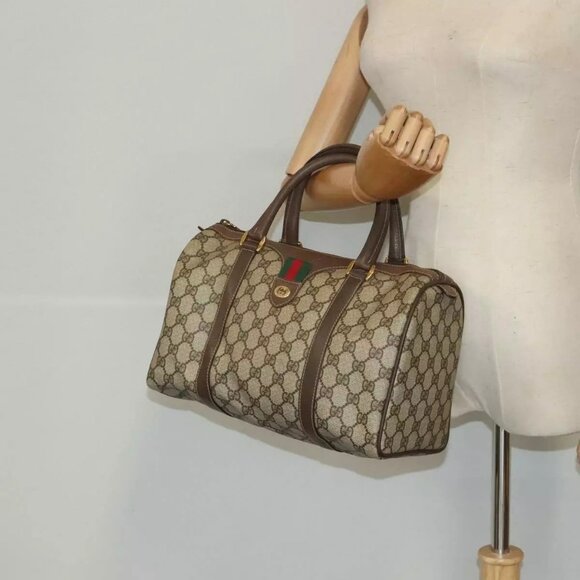 GUCCI GG Supreme Web Sherry Line Boston Bag PVC Beige Gold 40 20 007 Auth